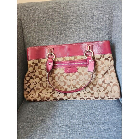Coach "Penelope" Brown Signature Large Tote w/ Fuschia Purple Accents - Picture 1 of 12